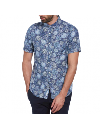 SHORT SLEEVE ABSTRACT FLORAL BUTTON DOWN SHIRT destockage